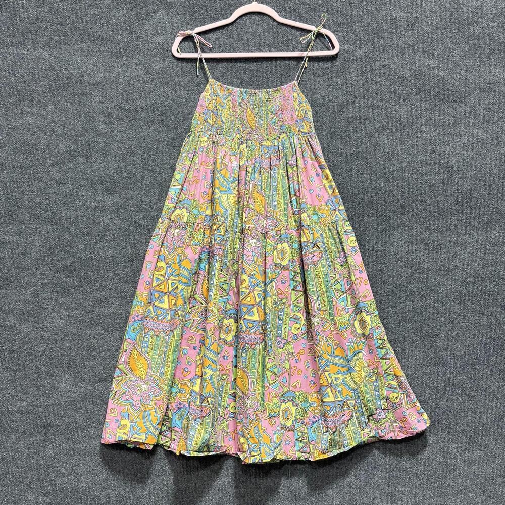 S/W/F Dress Womens Small Pink Multicolor Paisley Smocked Swing Midi Sundress